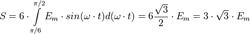 Esr=\frac{6\cdot E_m}{2\cdot \pi}=\frac{3\cdot E_m}{\pi}=0,95 \cdot E_m=1,35 \cdot E_2eff\!