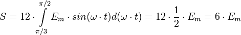 Esr=\frac{6\cdot \sqrt 3\cdot E_m}{2\cdot \pi}=\frac{3\cdot \sqrt 3\cdot E_m}{\pi}=1,65 \cdot E_m=2,34 \cdot E_2eff\!